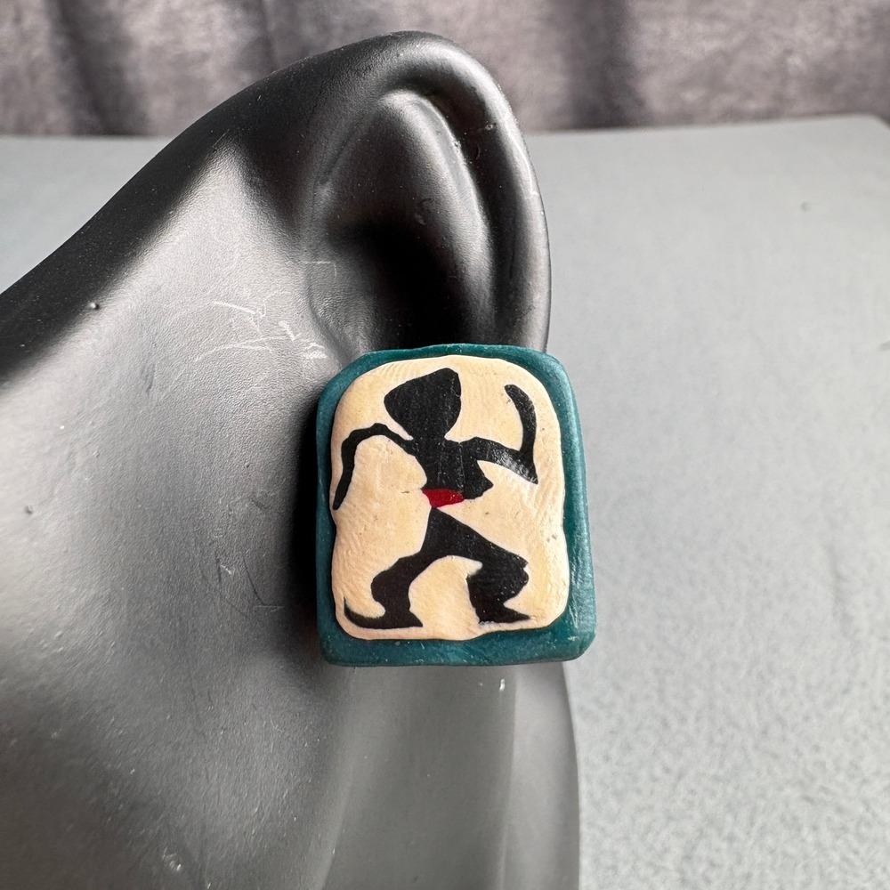 Artisan Hand Painted Tribal Figure Clip On Earrings Teal Cream Primitive Art